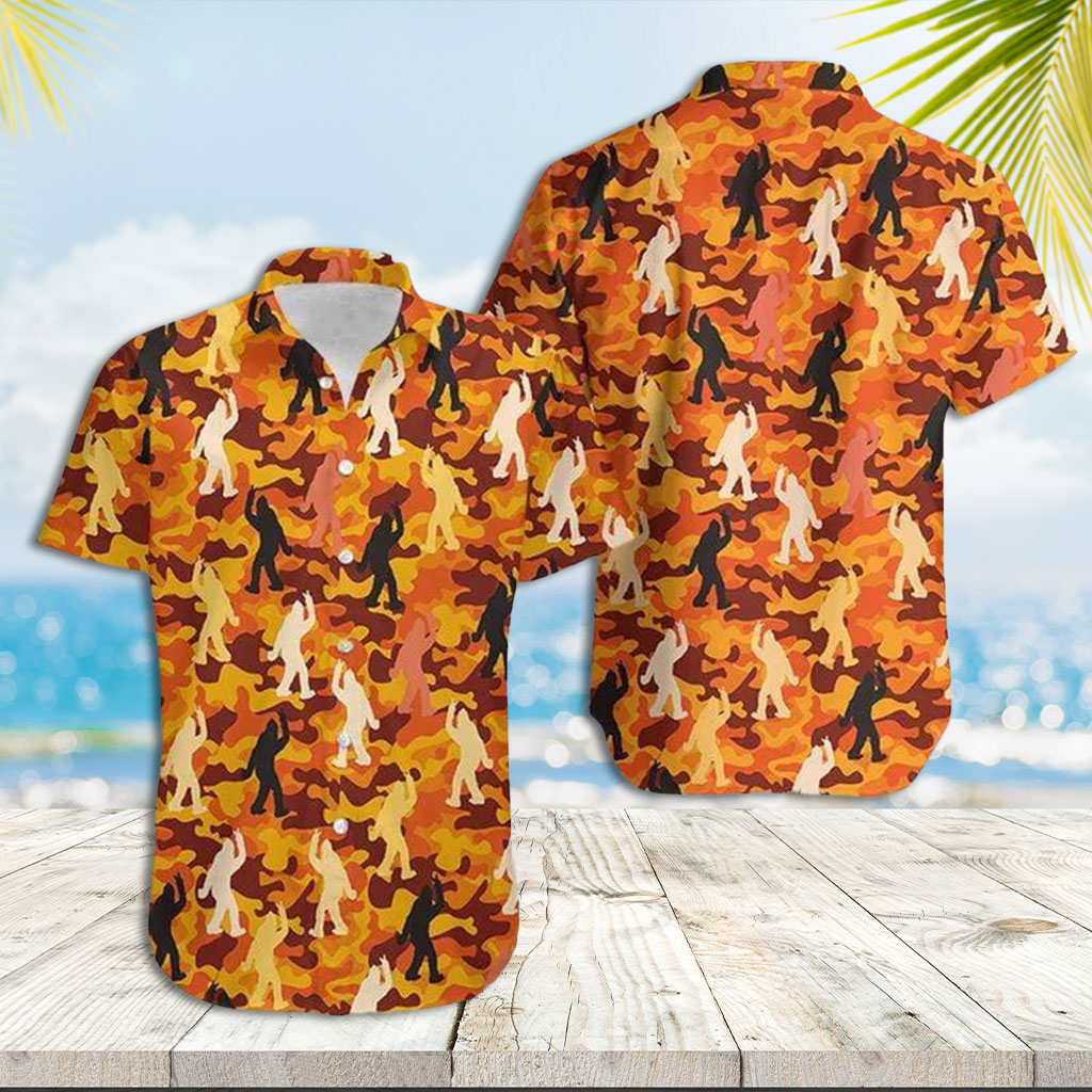 Orange Hawaiian Shirt Bigfoot Peace Sign Orange Camo Hawaiian Shirt