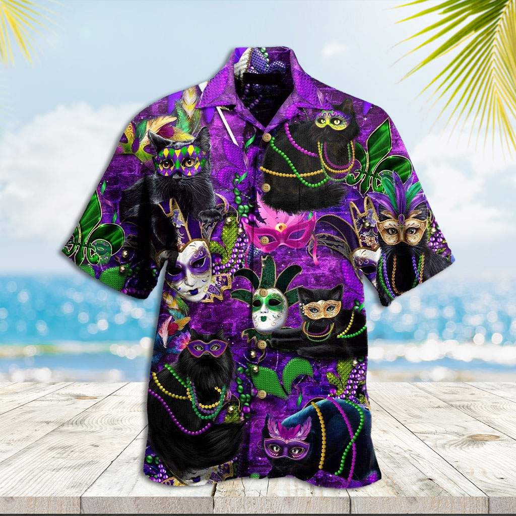 Purple Hawaiian Shirt Cat Mardi Gras Purple Black Hawaiian Shirt
