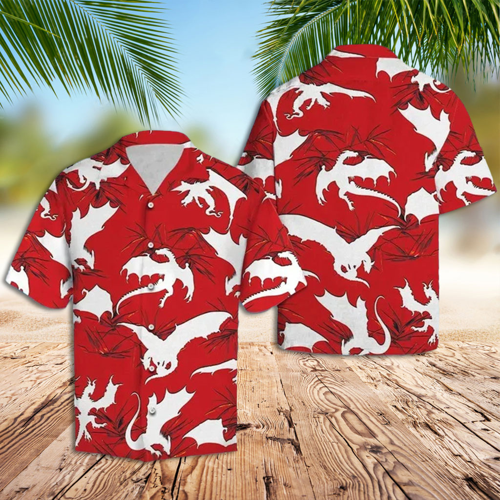 Red Hawaiian Shirt White Dragon Flying Hawaiian Shirt