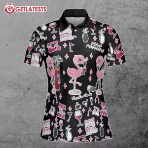 Flamingo Golf And Wine In Black Seamless Funny Women Polo Shirt (2)