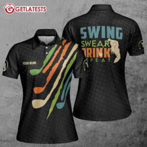 Swing Swear Drink Repeat Golf Lady Custom Name Polo Shirt (2)