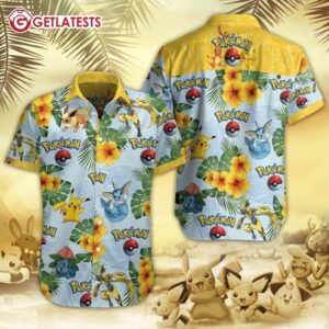 Pikachu Eevee Flower Yellow Hawaii Aloha Shirt