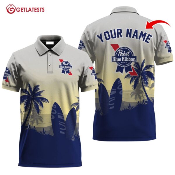 Pabst Blue Ribbon Palm Tree Surfboard Personalized Polo Shirt