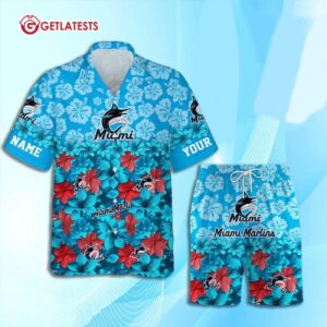Miami Marlins Custom Name Flower Hawaiian Shirt And Shorts