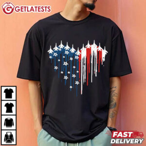 Fighter Jet Airplane American Flag Heart 4th Of July T Shirt (3)