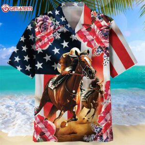 1Horse Racing Rose US Flag 4th Of July Hawaiian Shirt