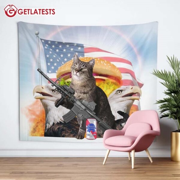 America Patriotic Cat Meme Eagle Wall Tapestry (1)