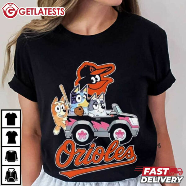 Bluey On Car Baltimore Orioles Baseball T Shirt (3)
