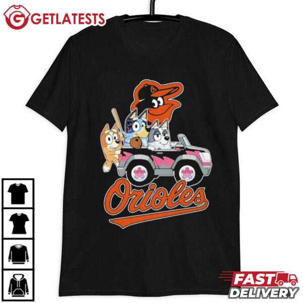 Bluey On Car Baltimore Orioles Baseball T Shirt (1)