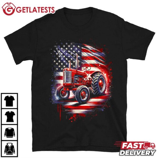 Patriotic Tractor 4th of July American Flag Farmer T Shirt (1)