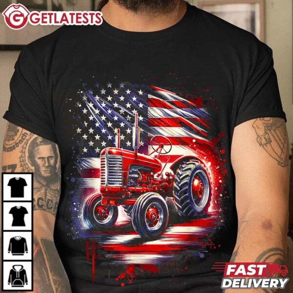 Patriotic Tractor 4th of July American Flag Farmer T Shirt (2)
