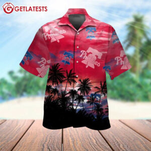 Philadelphia Phillies Palm Tree Sunset Hawaiian Shirt