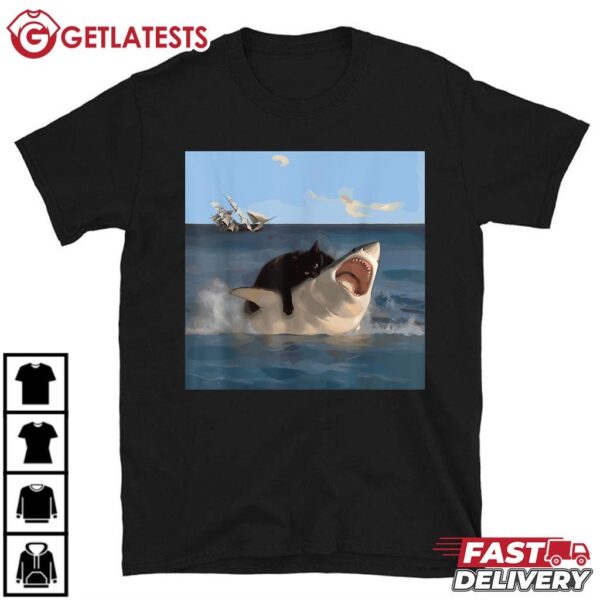 Cat Biting Shark Humorous Playful Cat and Shark T Shirt (1)