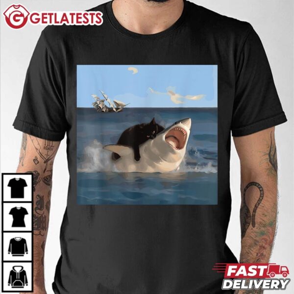 Cat Biting Shark Humorous Playful Cat and Shark T Shirt (2)