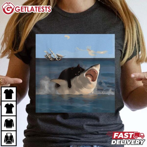 Cat Biting Shark Humorous Playful Cat and Shark T Shirt (3)