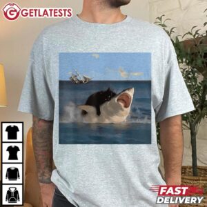 Cat Biting Shark Humorous Playful Cat and Shark T Shirt (4)