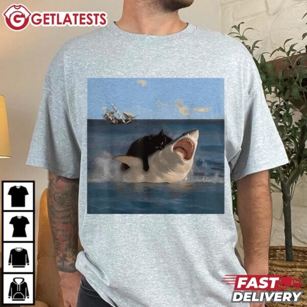 Cat Biting Shark Humorous Playful Cat and Shark T Shirt (4)