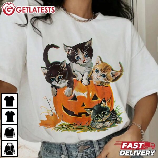 Cat Pumpkin Halloween Floral Spooky T Shirt (1)