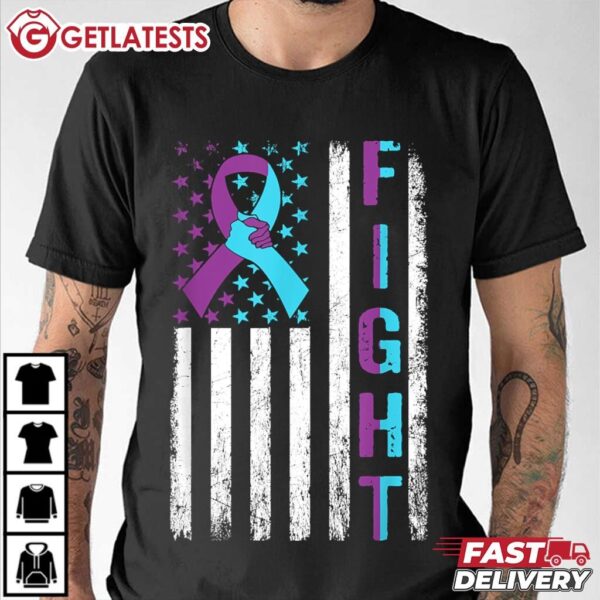 Fight Suicide Awareness American Flag Purple Teal Ribbon T Shirt (3)