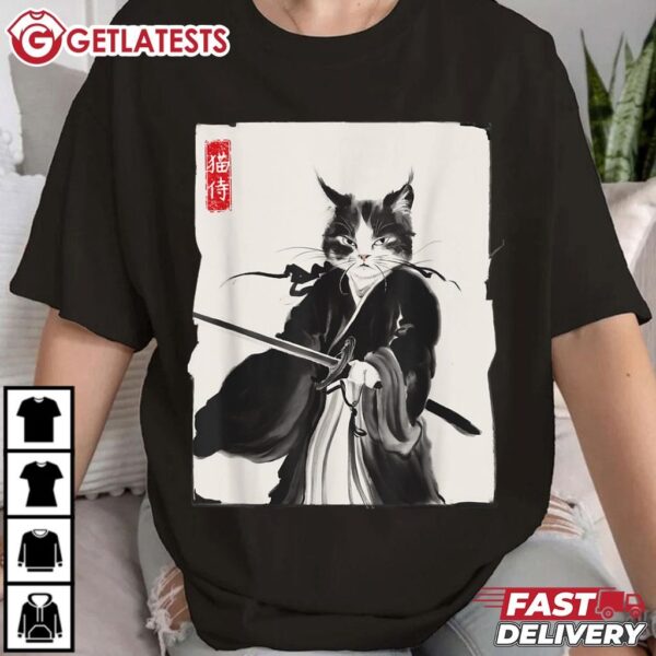 Samurai Cat Warrior Funny Japanese Style T Shirt (1)