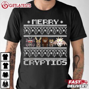 Merry Cryptids Bigfoot Mothman Wendigo Merry Chrismas T Shirt (3)