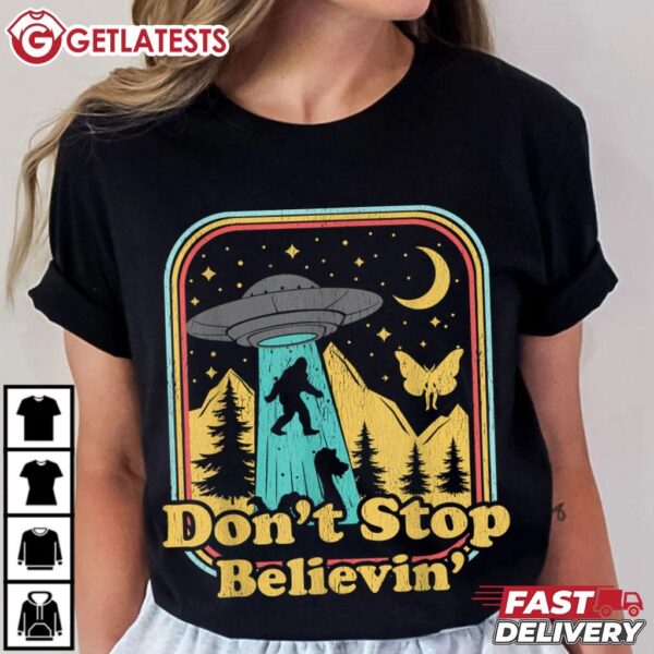 Don't Stop Believin Bigfoot Mothman Loch Ness Cryptozoology T Shirt (1)