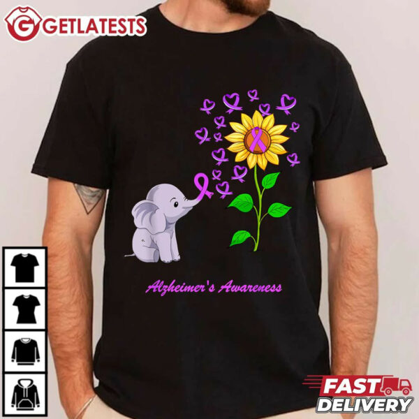 Elephant Purple Ribbon End Alzheimer's Awareness Sunflower T Shirt (3)