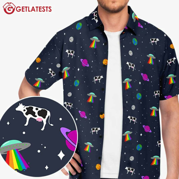 Space Cow UFO Alien Goth Quirky Fancy Funny Pattern Hawaiian Shirt (2)