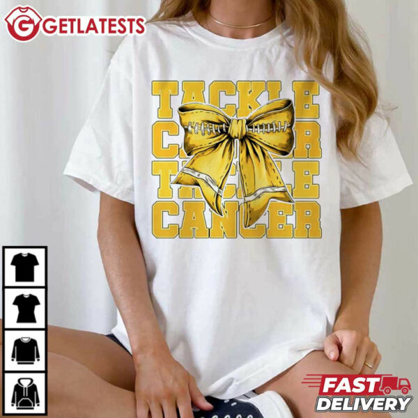 In September We Wear Gold Tackle Football Childhood Cancer Gold Ribbon T Shirt (1)