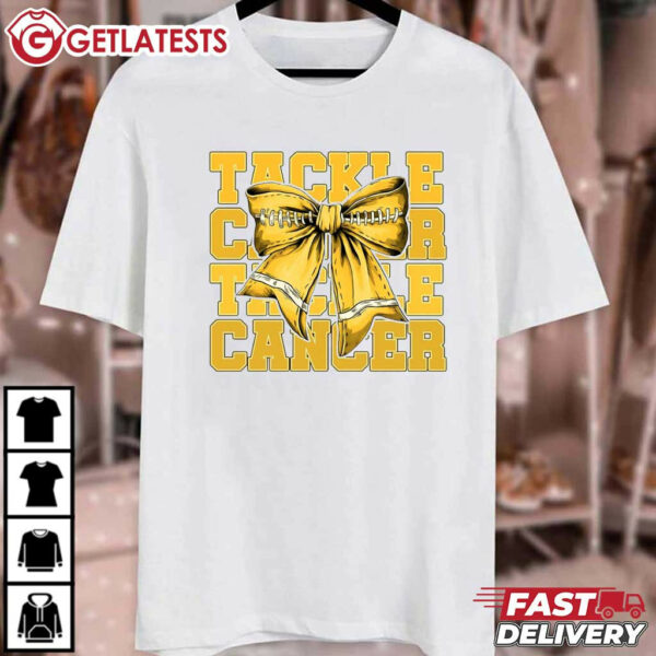 In September We Wear Gold Tackle Football Childhood Cancer Gold Ribbon T Shirt (3)