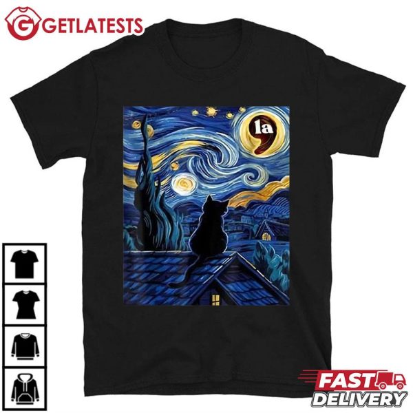 Van Gogh Starry Night Black Cat Comma La Kamala Harris T Shirt (2)