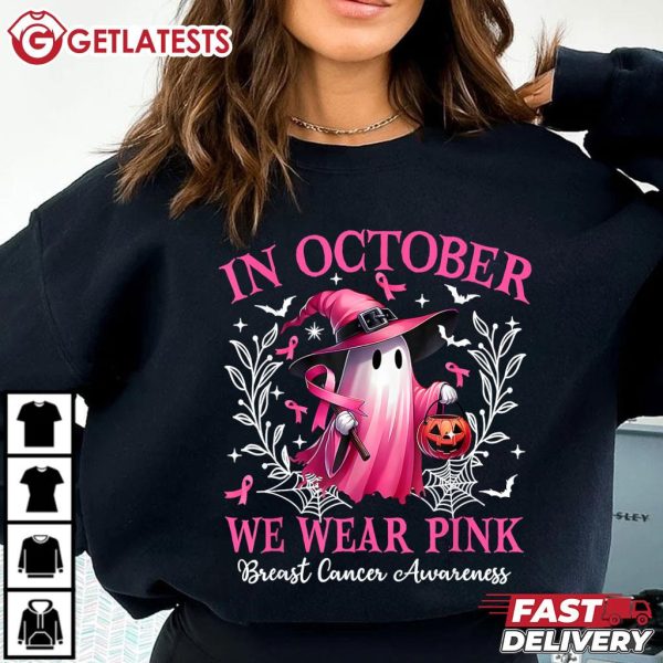 In October We Wear Pink Ghost Witch Breast Cancer Awareness T Shirt (2)