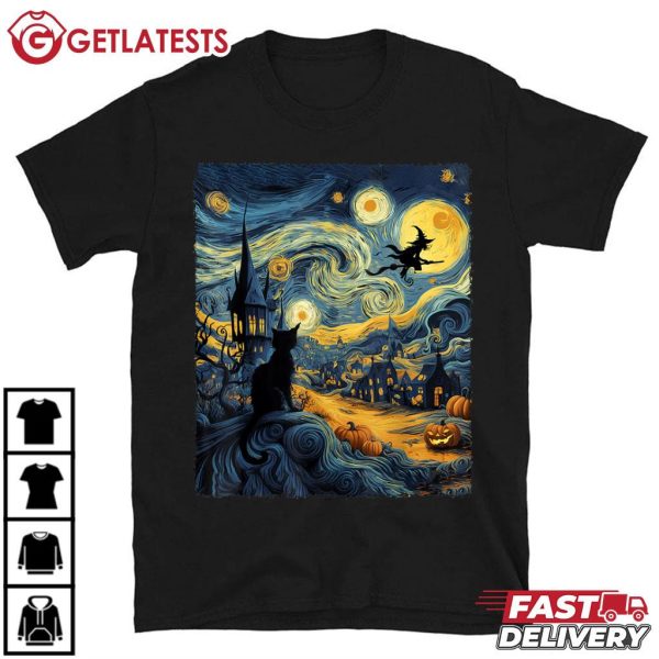 Starry Night Black Cat Witch Halloween T Shirt (2)