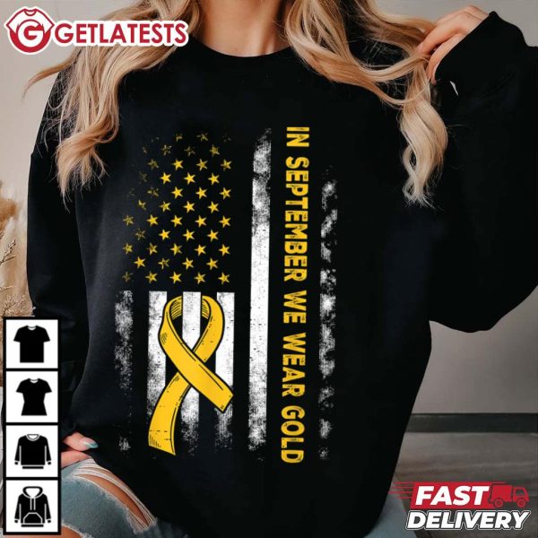 In September We Wear Gold Us Flag Childhood Cancer Awareness T Shirt (2)