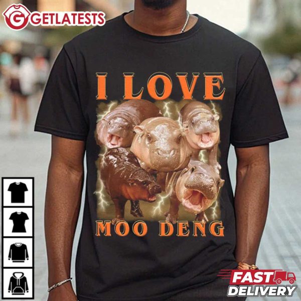 I Love Moo Deng Cute Baby Hippo Meme T Shirt (2)