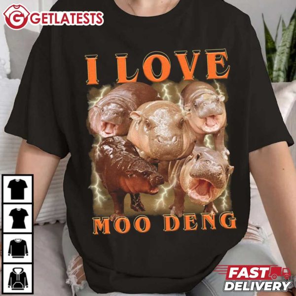 I Love Moo Deng Cute Baby Hippo Meme T Shirt (4)