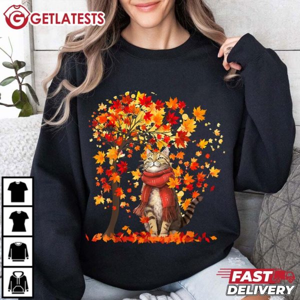 Autumn Tree It's Fall Y'all Leaf Fall Cat T Shirt (1)