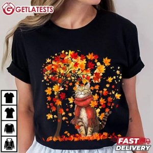 Autumn Tree It's Fall Y'all Leaf Fall Cat T Shirt (2)