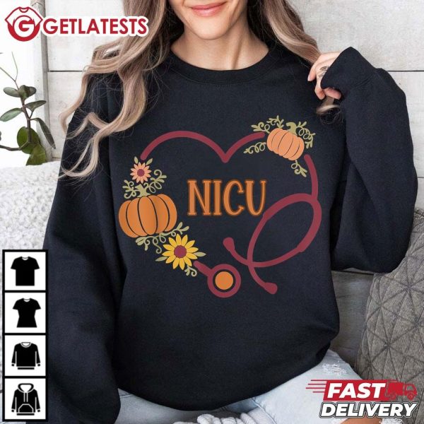 NICU Nurse Stethoscope Heart Pumpkin Retro Fall T Shirt (1)