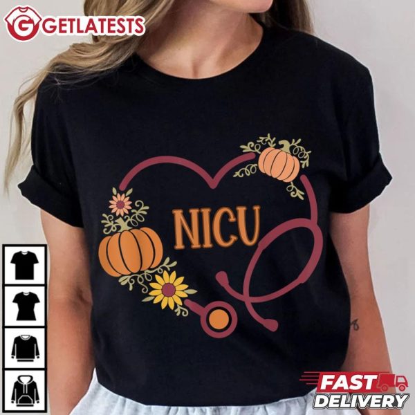 NICU Nurse Stethoscope Heart Pumpkin Retro Fall T Shirt (2)