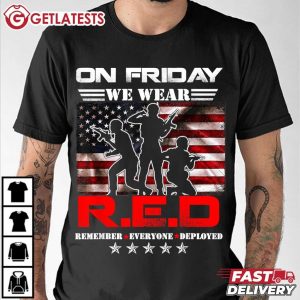 On Friday We Wear Red US Flag Military Silhouettes of Soldiers T Shirt (1)