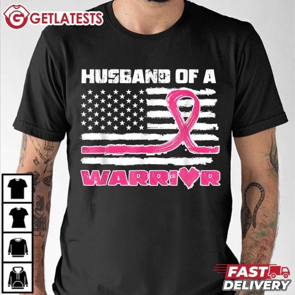 Pink Ribbon American Flag Husband Of A Warrior Breast Cancer T Shirt (1)