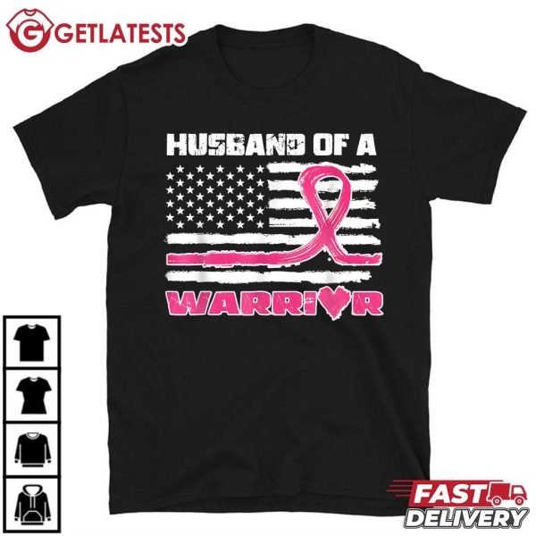 Pink Ribbon American Flag Husband Of A Warrior Breast Cancer T Shirt (2)