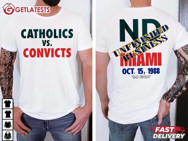 Catholics Vs Convicts Notre Dame Vs Miami Rivalry 1988 Vintage T Shirt (1)