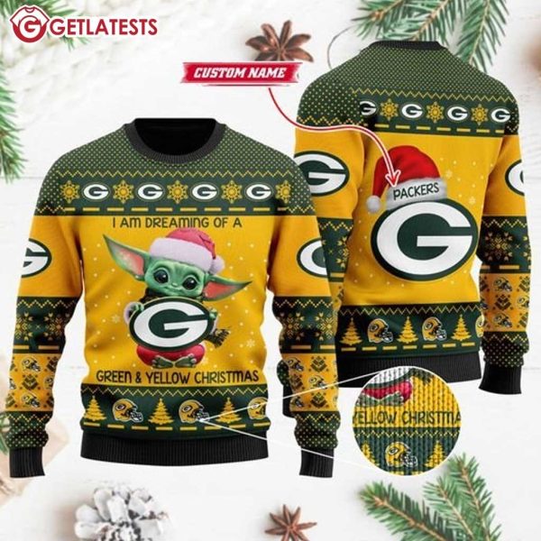 Baby Yoda Green Bay Packers I Am Dreaming Of A Green Yellow Christmas Ugly Sweater (1)