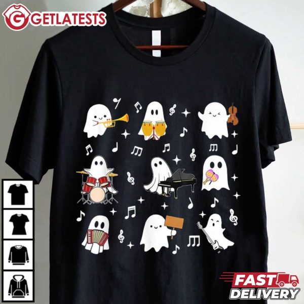 Boo Ghost Playing Musical Instruments Cute Halloween T Shirt (2)