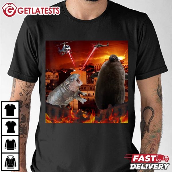 Moo Deng And Pesto Battle Destroy City Fire Scene T Shirt (3)