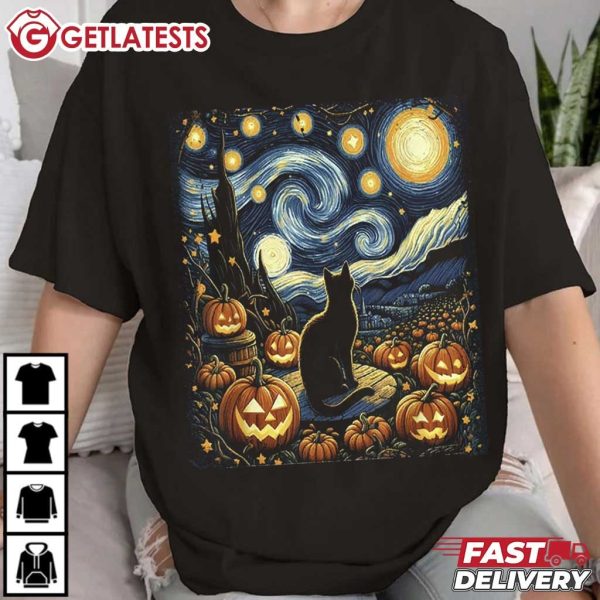 Van Gogh Starry Night Black Cat Pumpkins Halloween T Shirt (1)