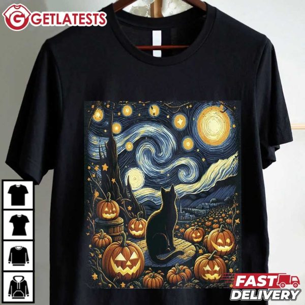 Van Gogh Starry Night Black Cat Pumpkins Halloween T Shirt (2)