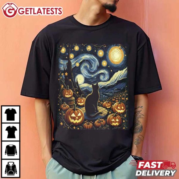 Van Gogh Starry Night Black Cat Pumpkins Halloween T Shirt (4)